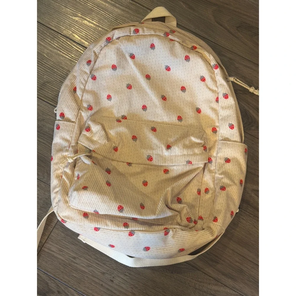 Strawberry Print Corduroy Backpack Kawaii School Bookbag